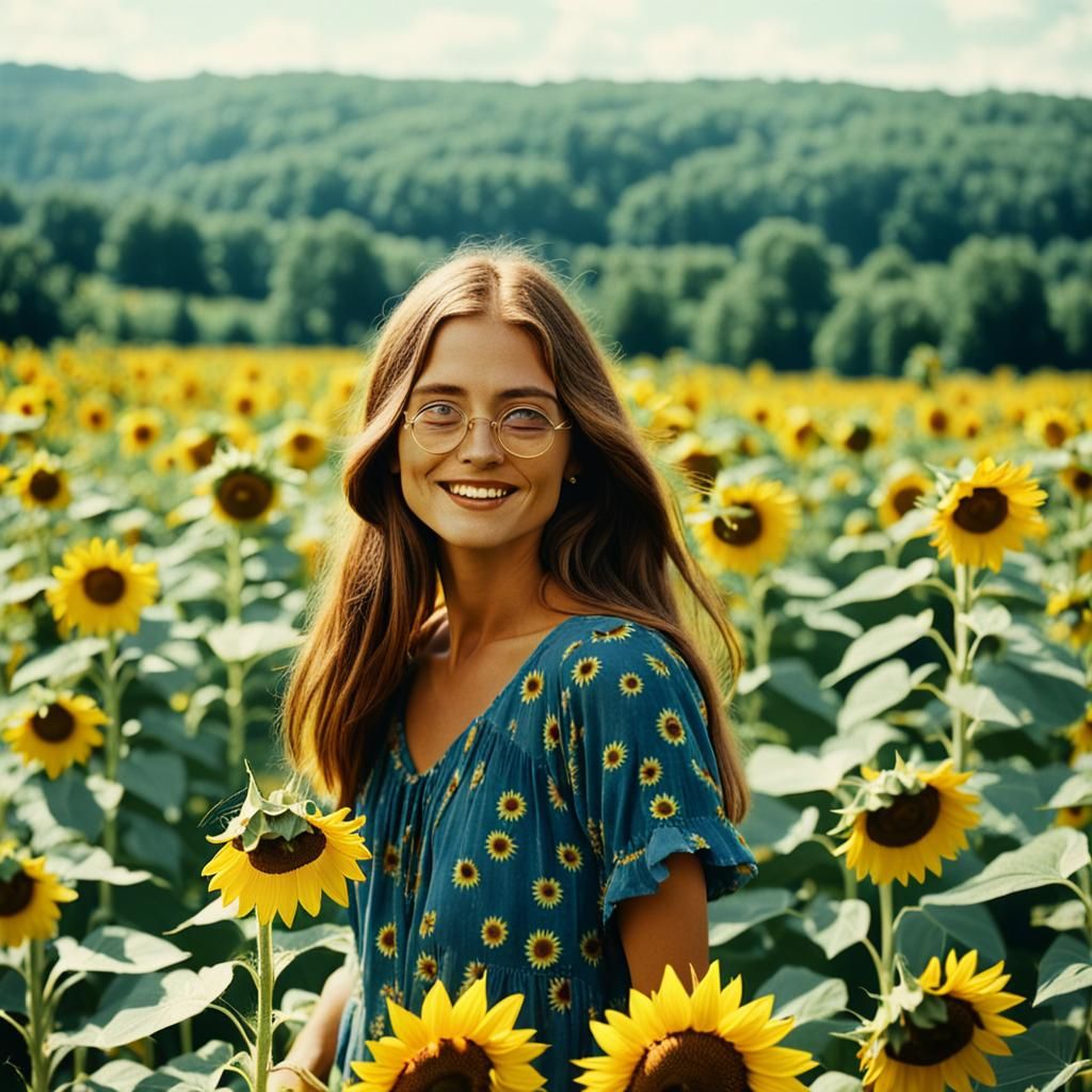Hippie Woman in Sunflower Field, Circa 1966