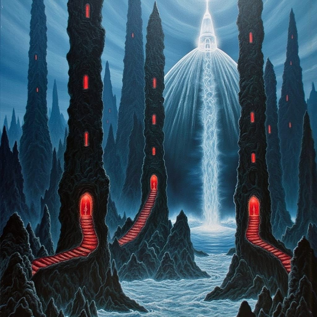 Underwater Red Stairwells Hidden Beneath a Celestial Pyramid