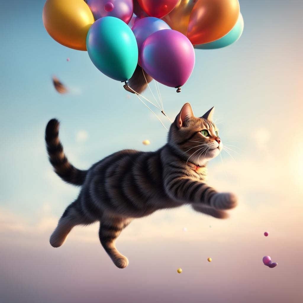 Balloon Cat Floating in the Wind: Hyperrealistic Art