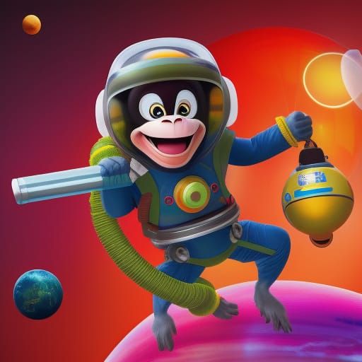 Monkey Astronaut with Exploding Planet: Pixar Style