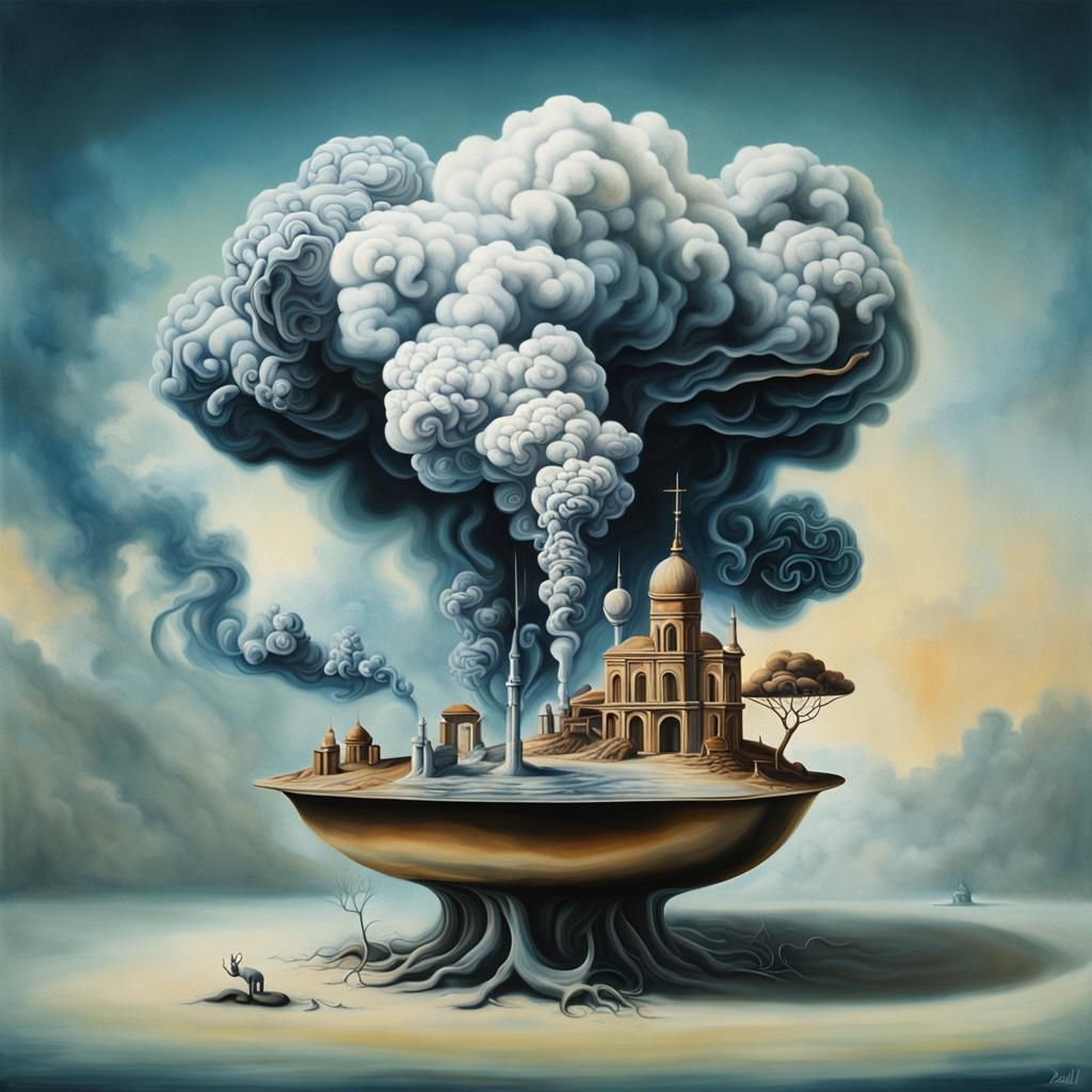 Dreamlike illustrations featuring objects, animals, or landscapes formed entirely from smoke. surrealism Salvador Dali m...