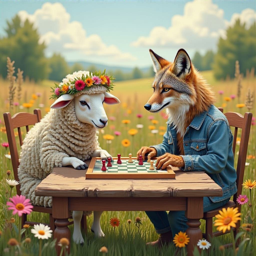 Sheep and Coyote Play Checkers in Sunny Meadow