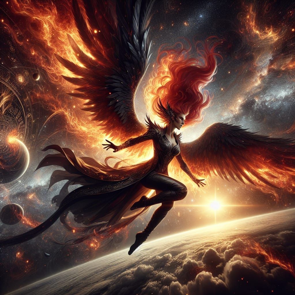 Fiery Woman Soaring Through Space as Digital Art