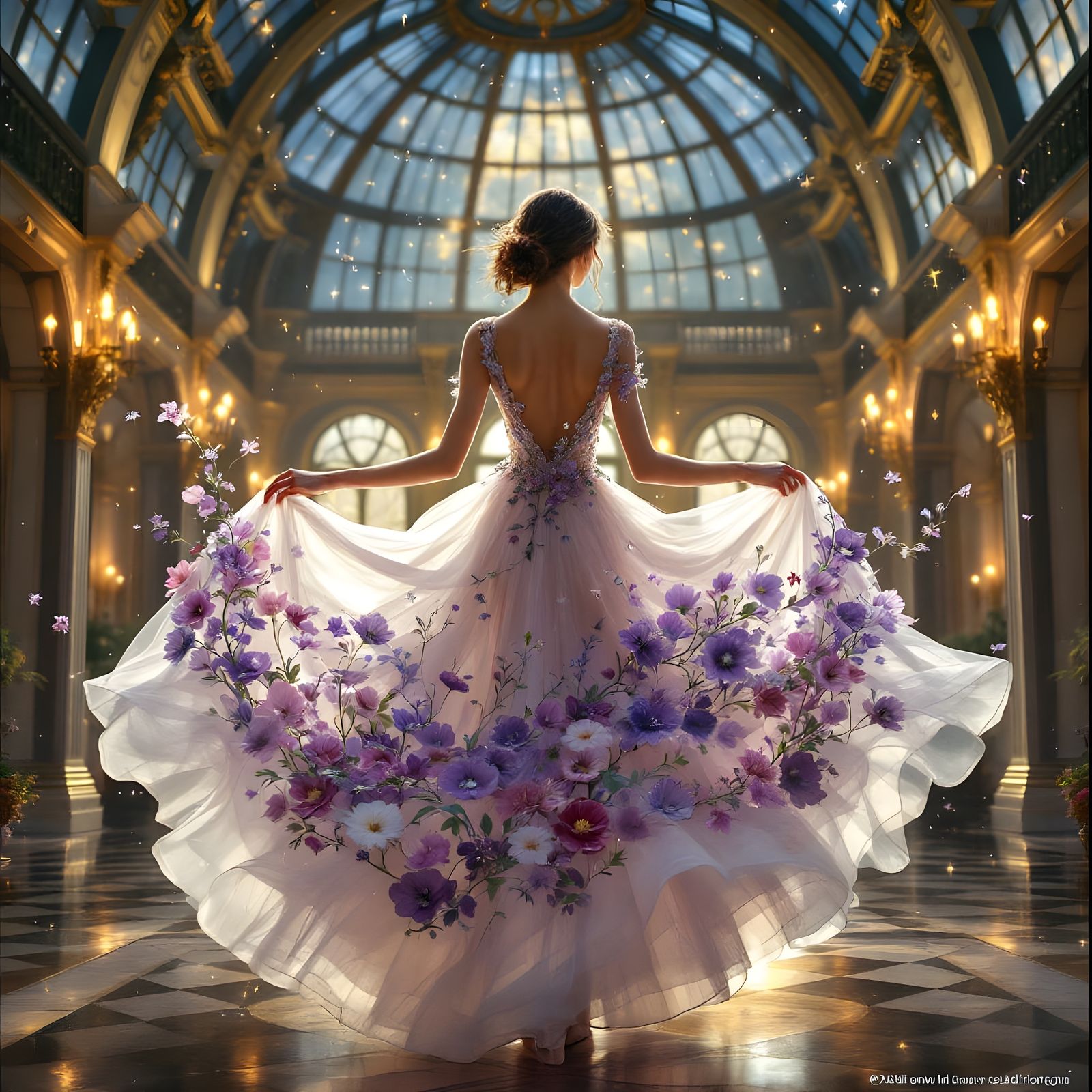 Girl in a Whimsical Floral Gown in a Cosmic Ballroom