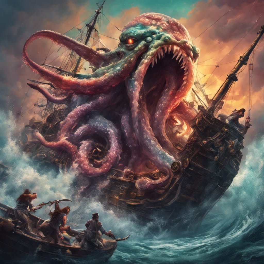 Big gigantic Kraken Monster fighting Pirates on a pirate shi...