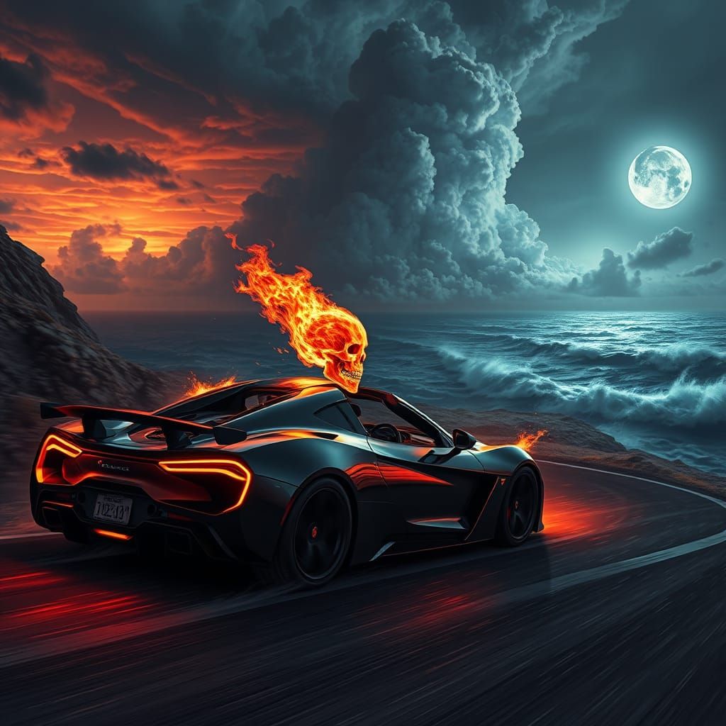 Ghost Rider Drives Supercar at Sunset