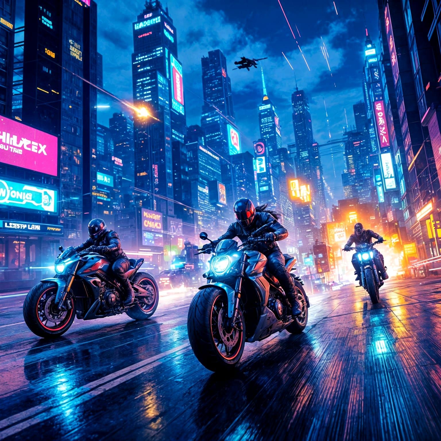 Cyberpunk Biker Gang Chase Through Neon City