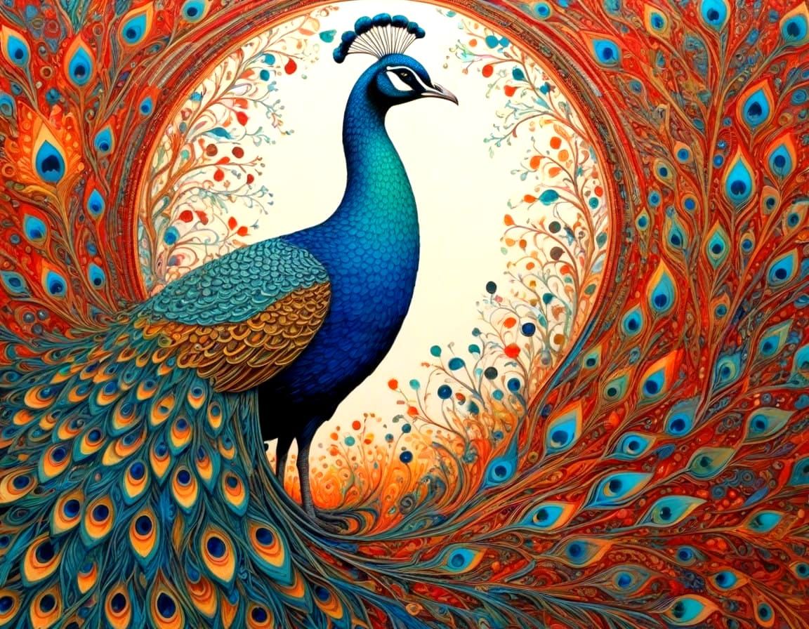 Vibrant Anime Peacock in Intricate Needlepoint Style