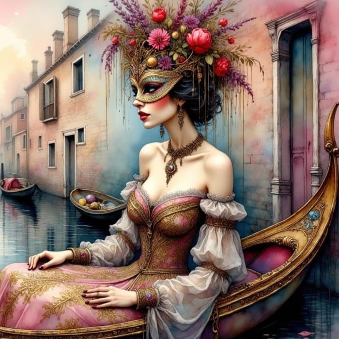 Elegant Venetian Carnival Queen in Mystical, Dreamy Canal Sc...