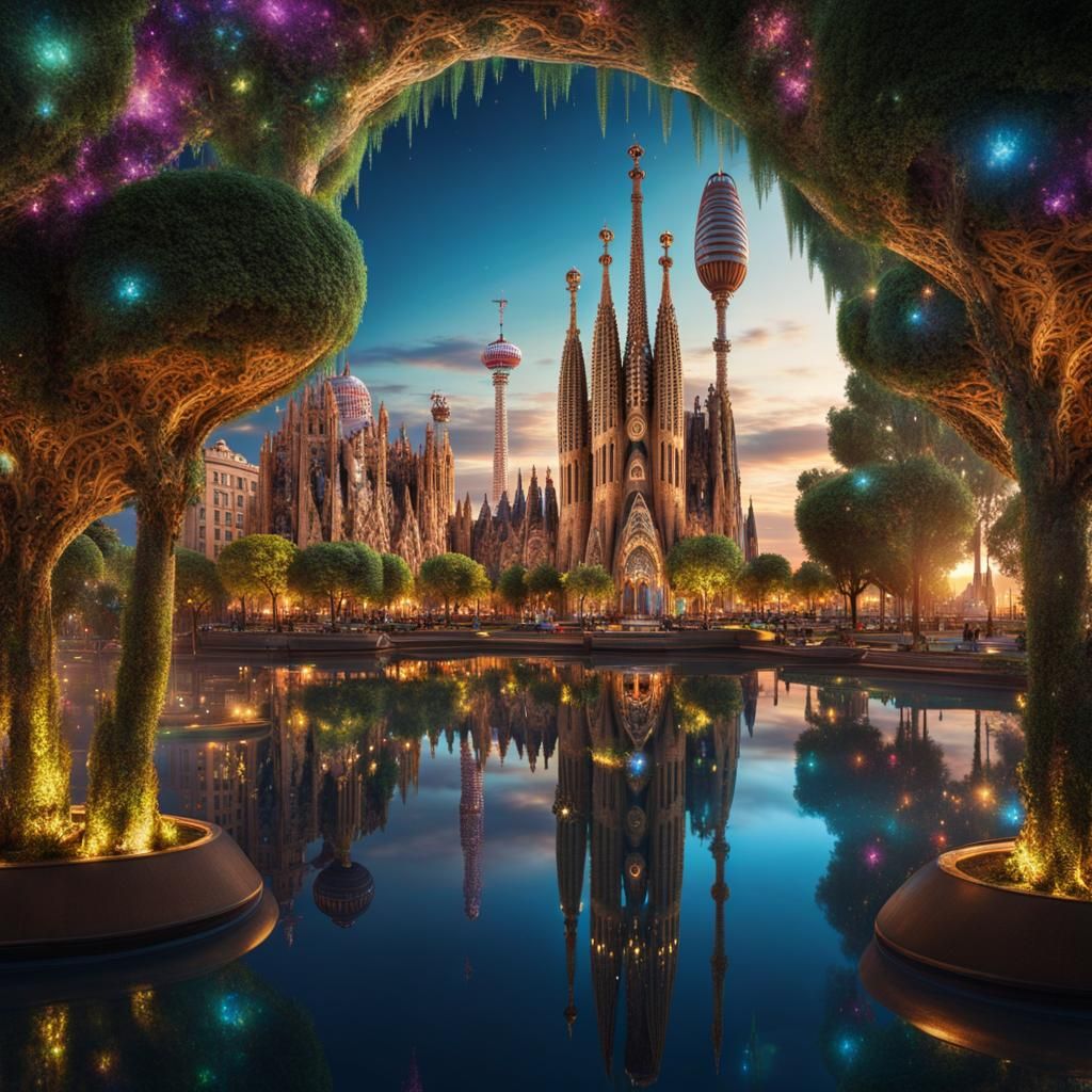 Barcelona Floating Island in Surreal Futuristic Sky