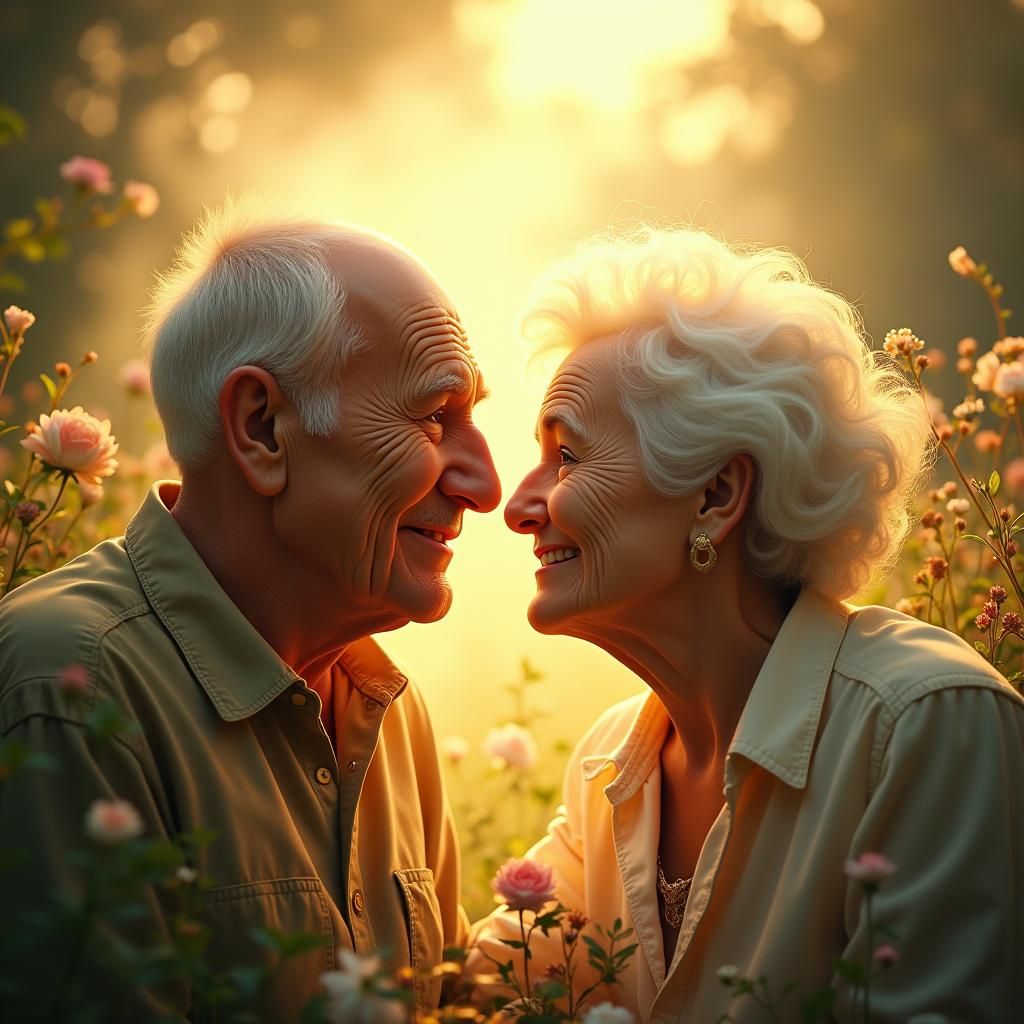 Elderly Couple's Affection in Ethereal Dreamscape