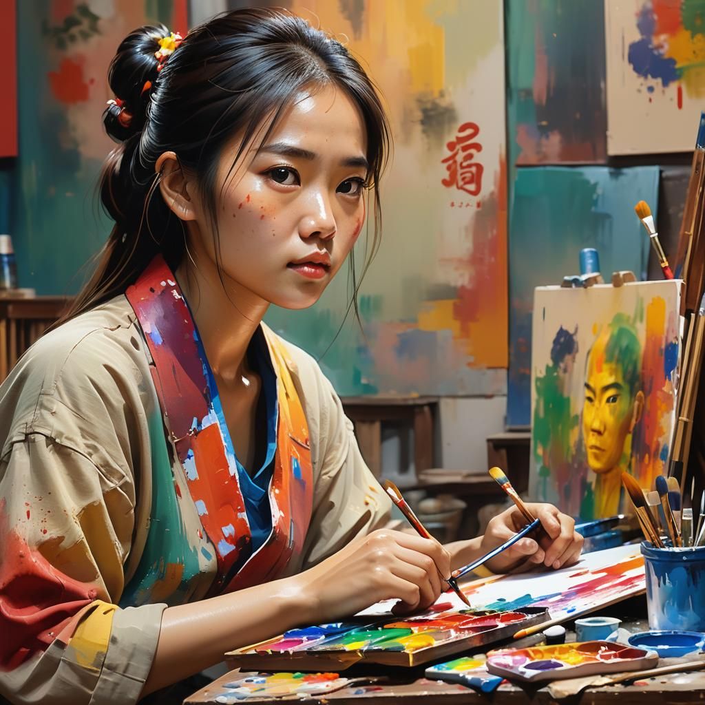 Hyperrealistic Painter Immersed in Art, Splash Art Style