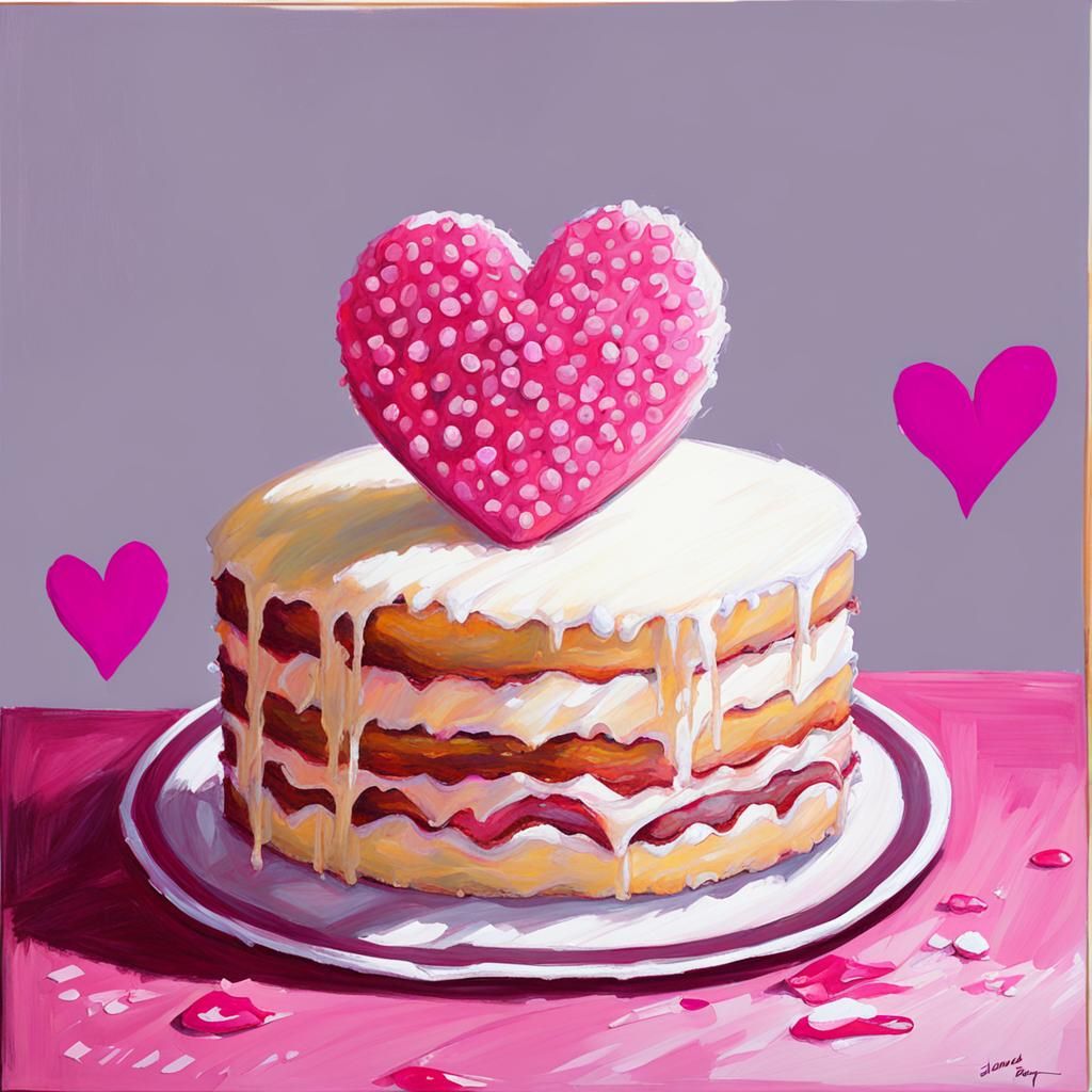 Heart Sponge Cake in Oil Painting Style