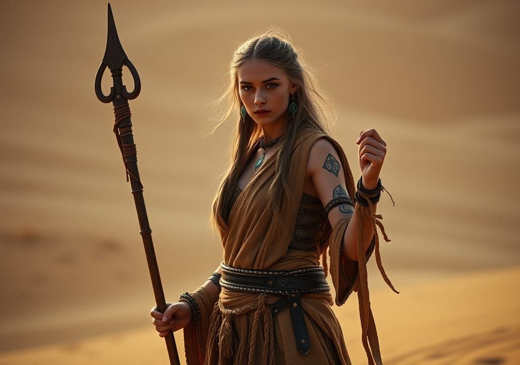 Mystical Celtic Shaman Girl Stands Heroically on Dunescape