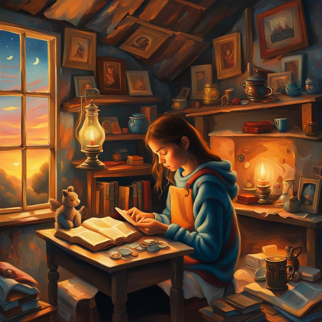 Girl Reading in Attic at Dusk: Oil Painting