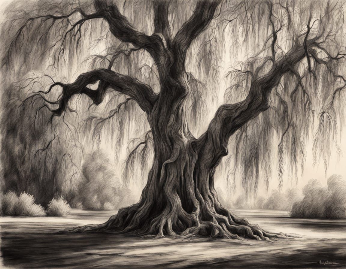 Rembrandt Style Charcoal Drawing of Majestic Willow Tree