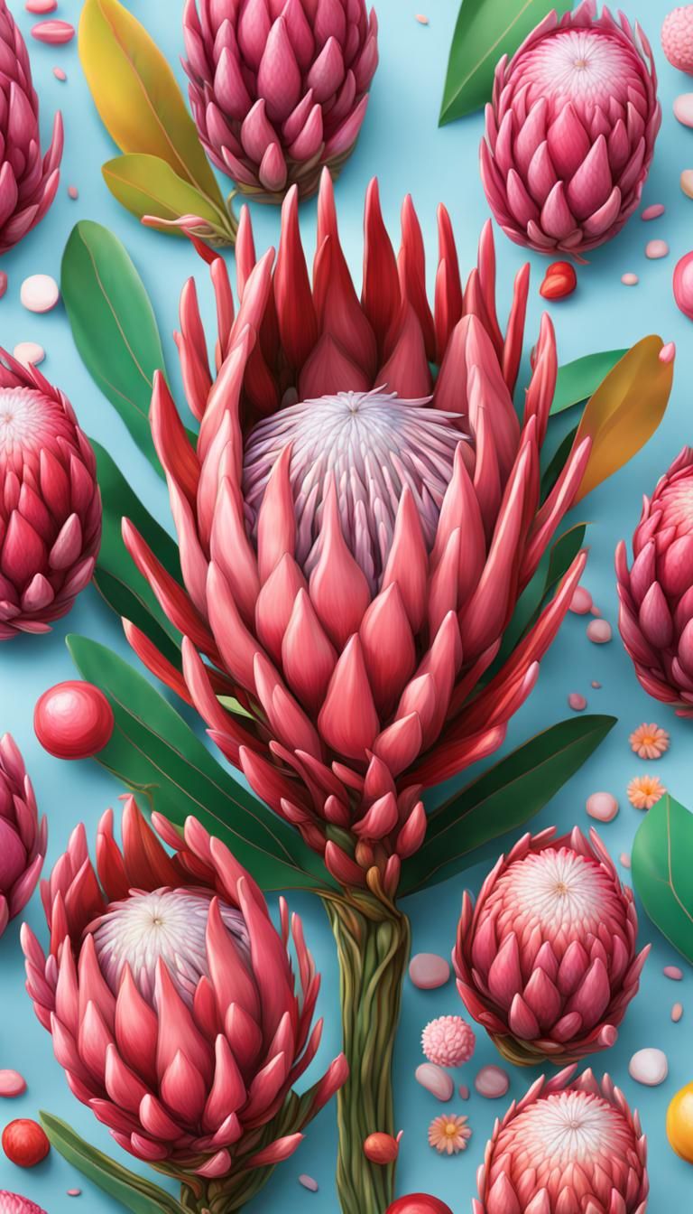 Protea Flowers in Whimsical Candy Art Style