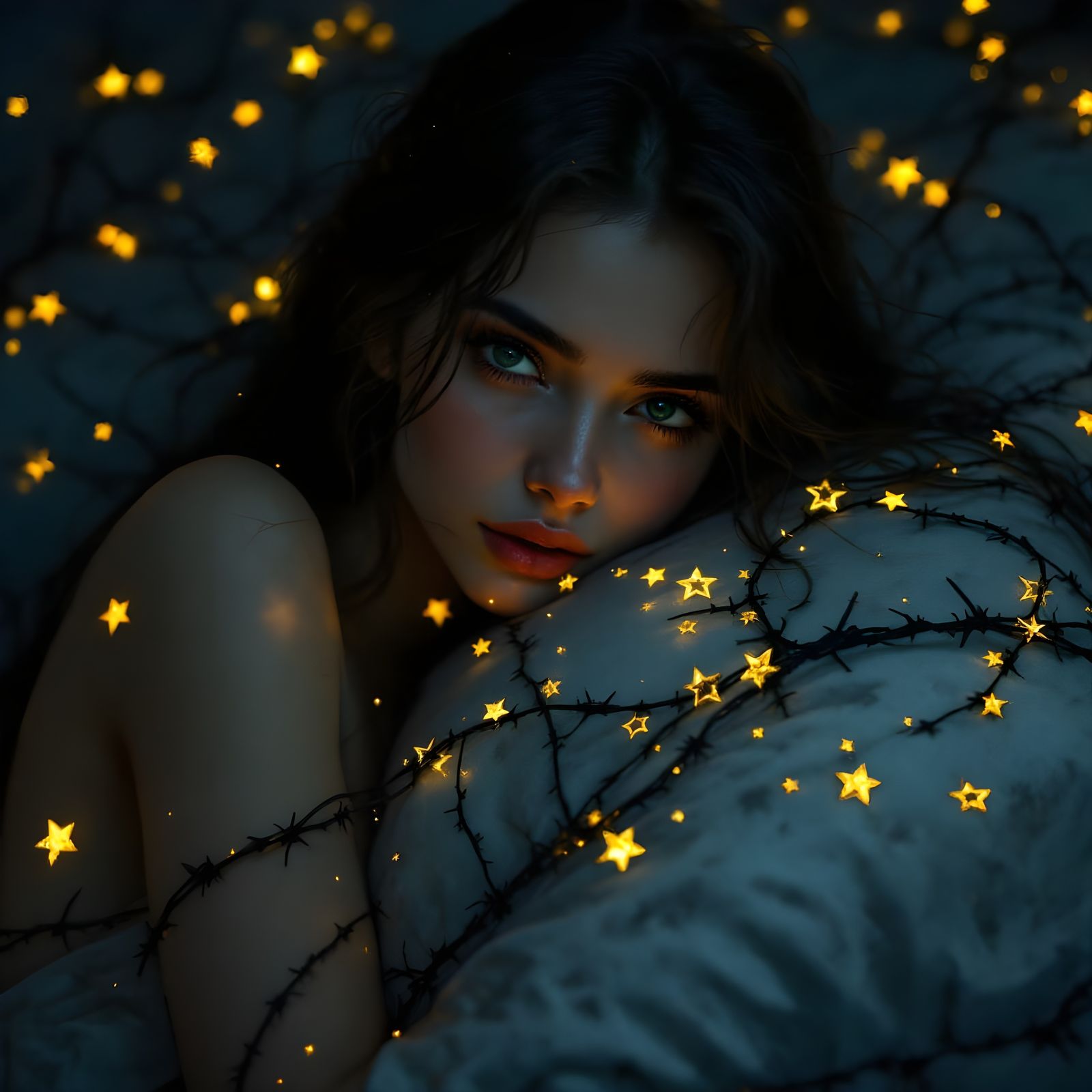 Surreal Night Scene of a Woman Embracing a Barbed Wire Pillo...