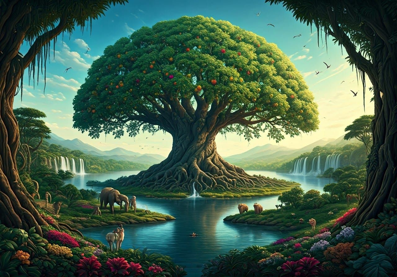 Ethereal Garden of Eden with Towering Tree of Life