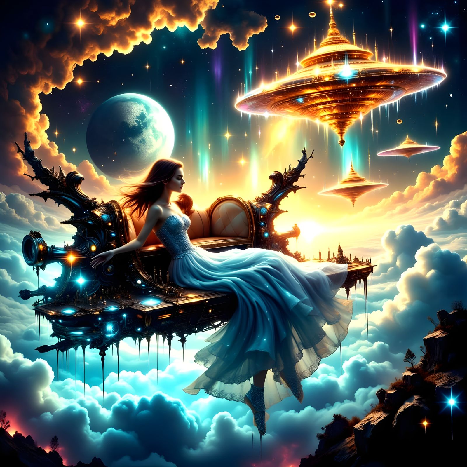 Cinderella in Cybernetic Gown Flies Among UFOs