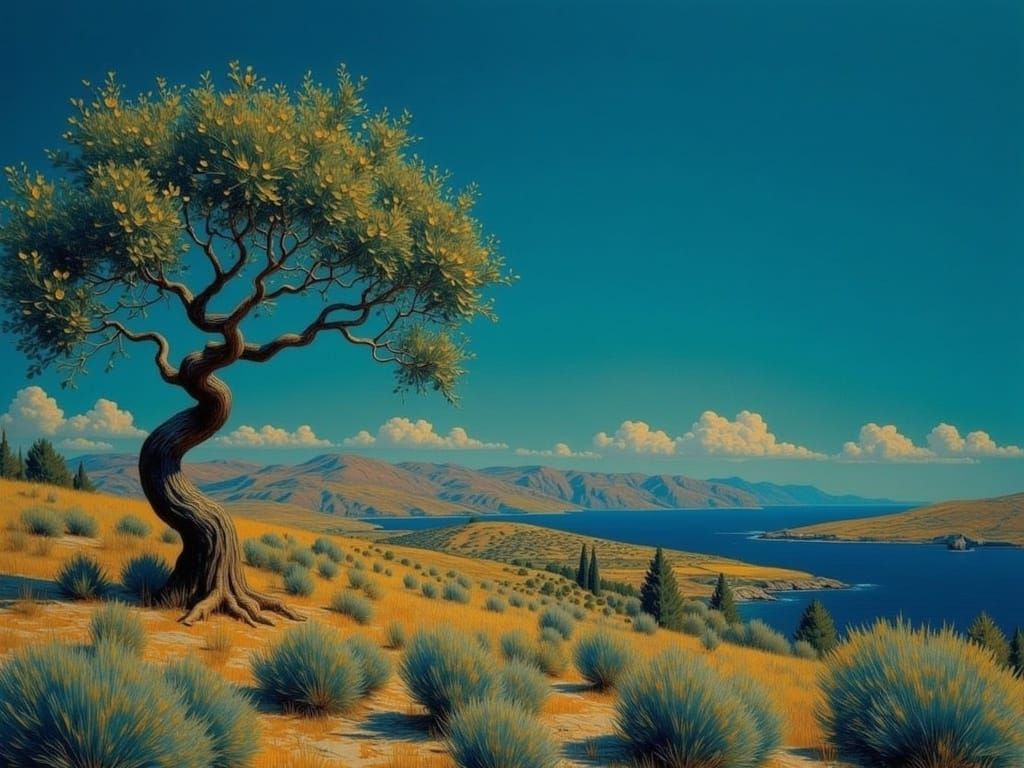 Greek Island Olive Tree in Mediterranean Style