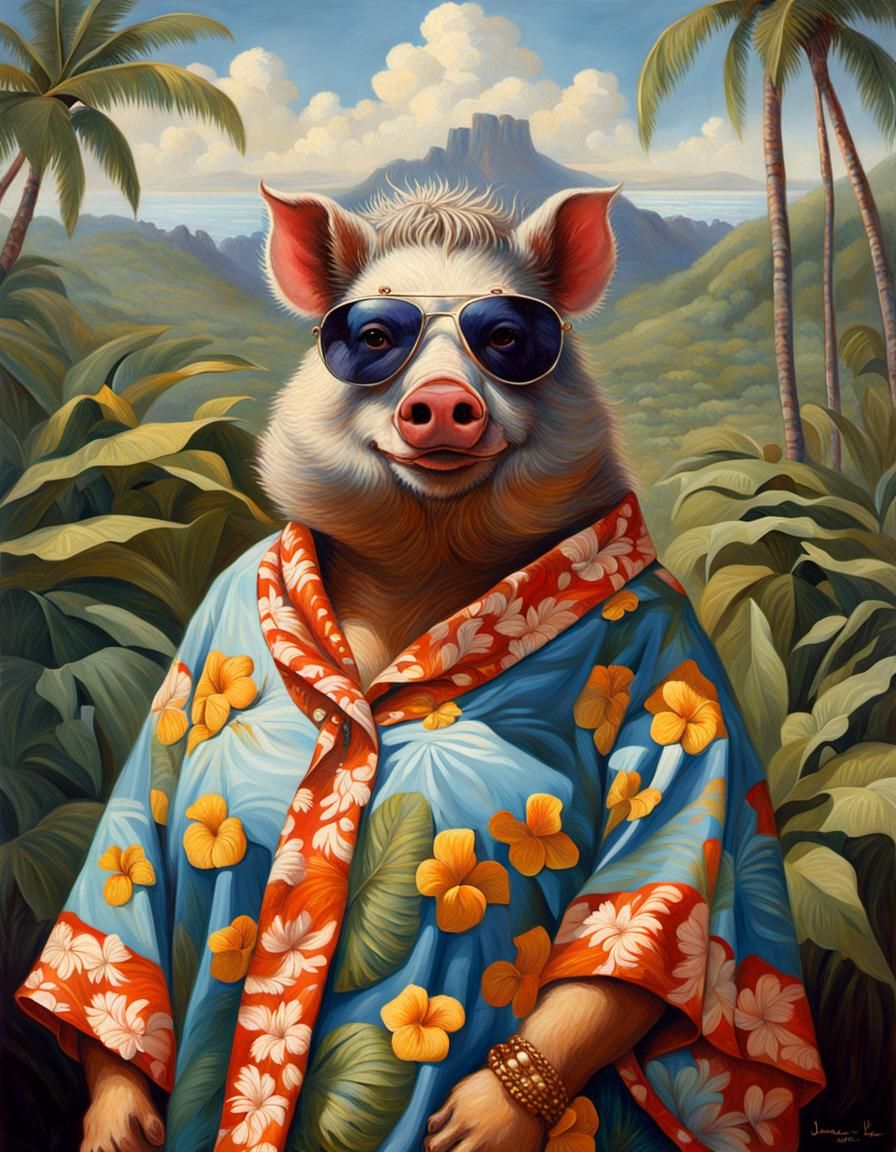 Anthropomorphic Hog in Muumuu, Oil Painting