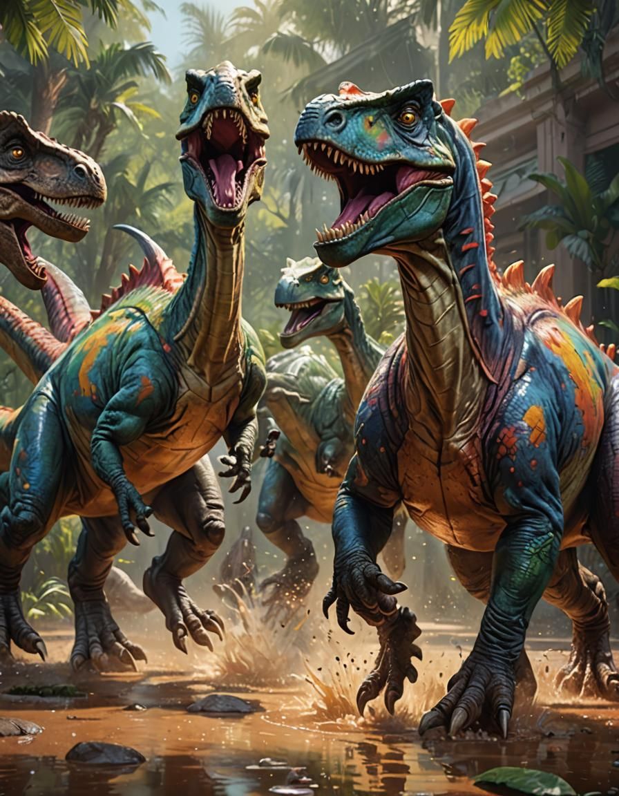 Hyperrealistic Dancing Dinosaurs in Splash Art Style