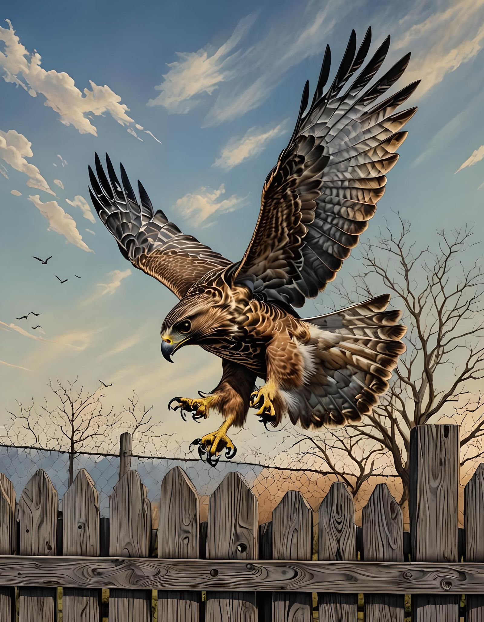 A hawk bird flying toward the sky away from a fence. intricately detailed hyperrealism precisionism mixed media 3D shadi...