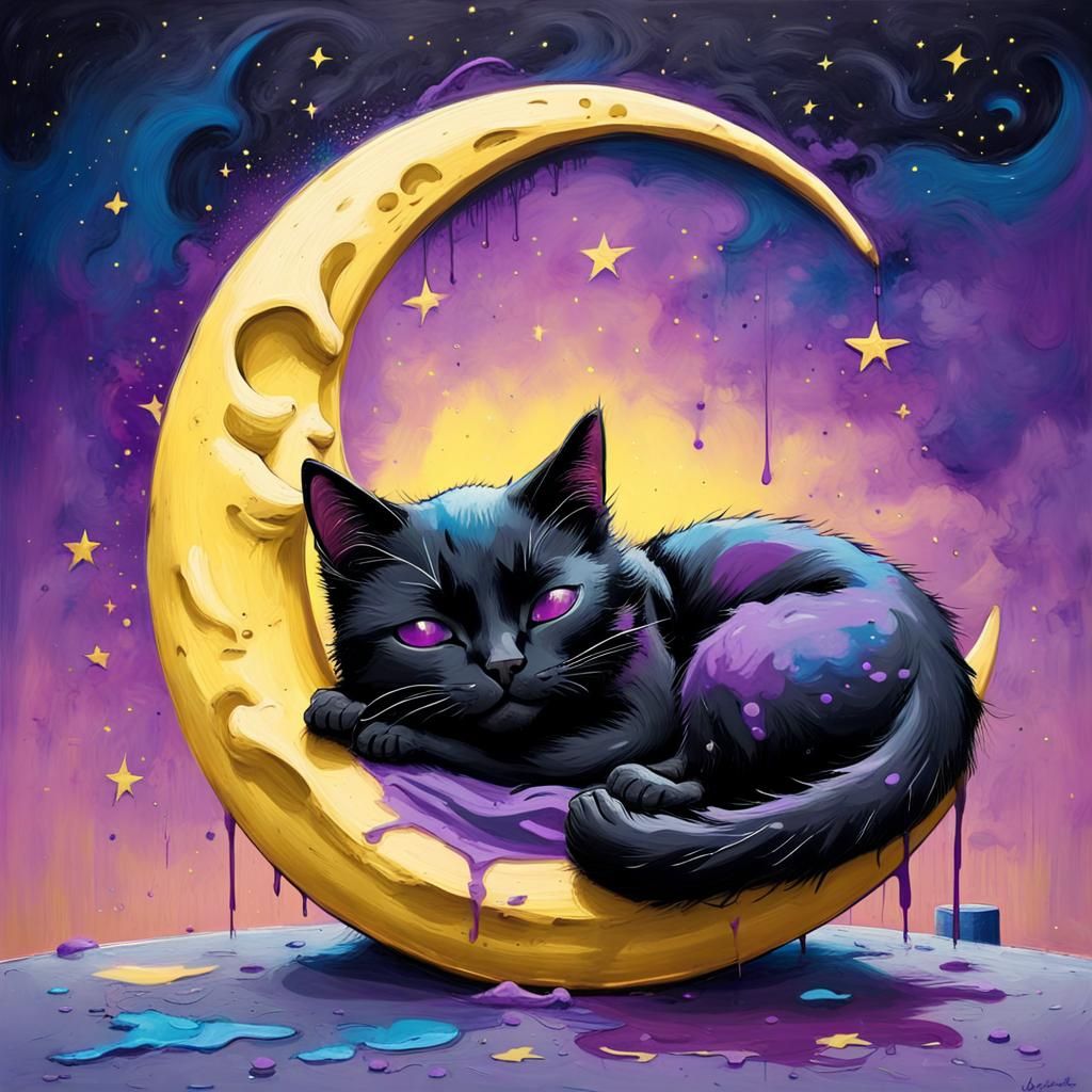 Dreamy Black Cat Sleeping on Crescent Moon in Graffiti Style