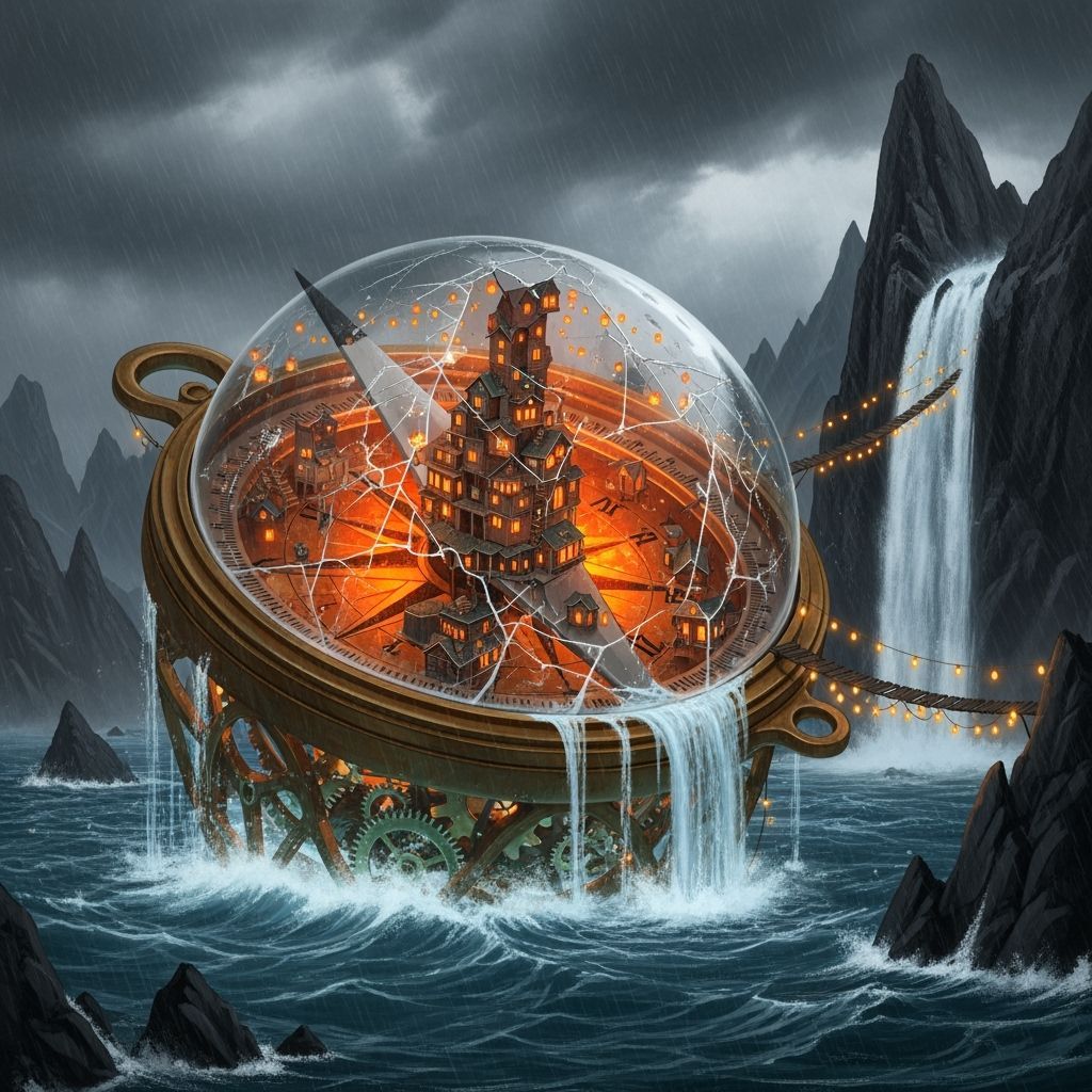 Giant Rusted Compass Village in Stormy Lake