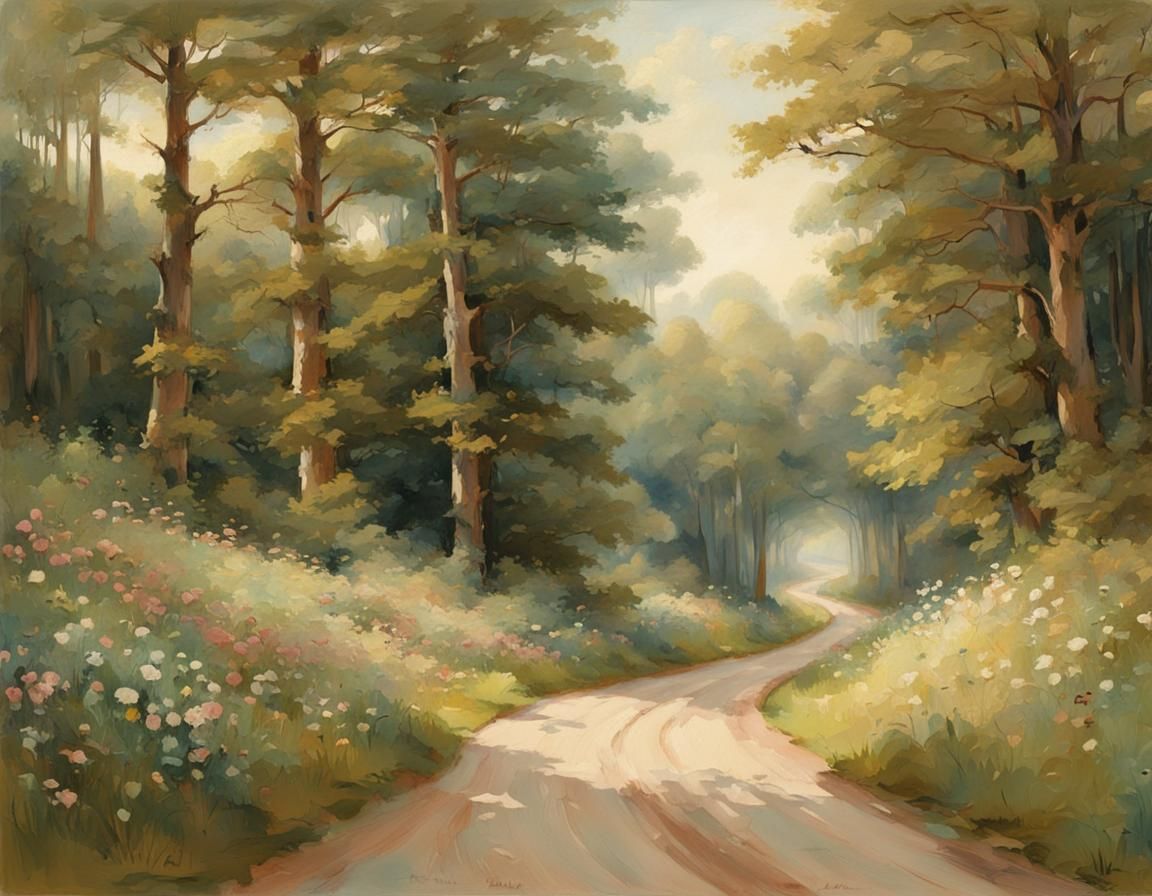 Idyllic Forest Road in Pre-Raphaelite Style