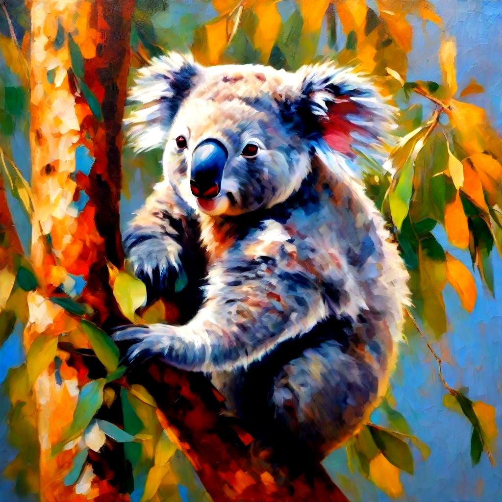 Koala and Joey in Eucalyptus, Expressionist Painting