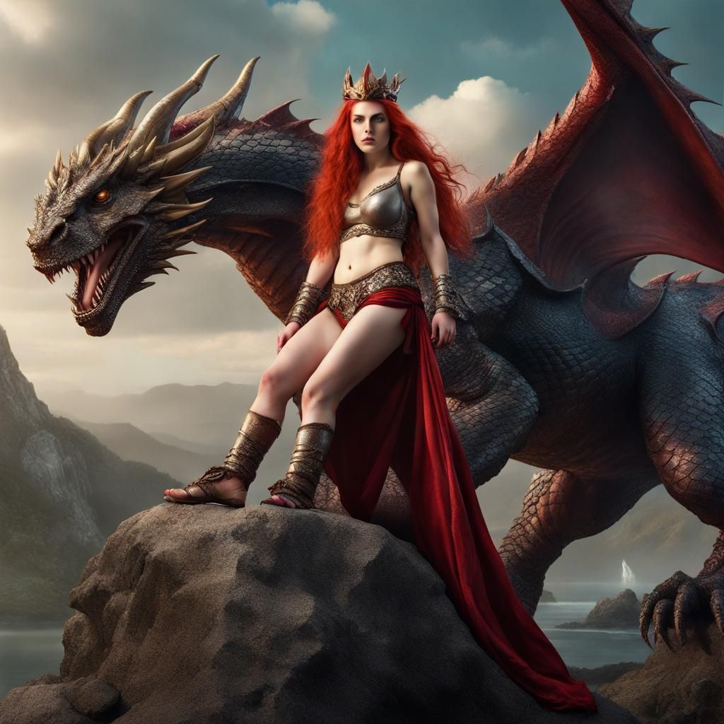Warrior Queen and Dragon Fantasy Art