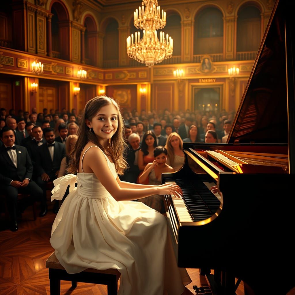 Elegant Teenage Pianist Performs in a Grand Golden Ballroom