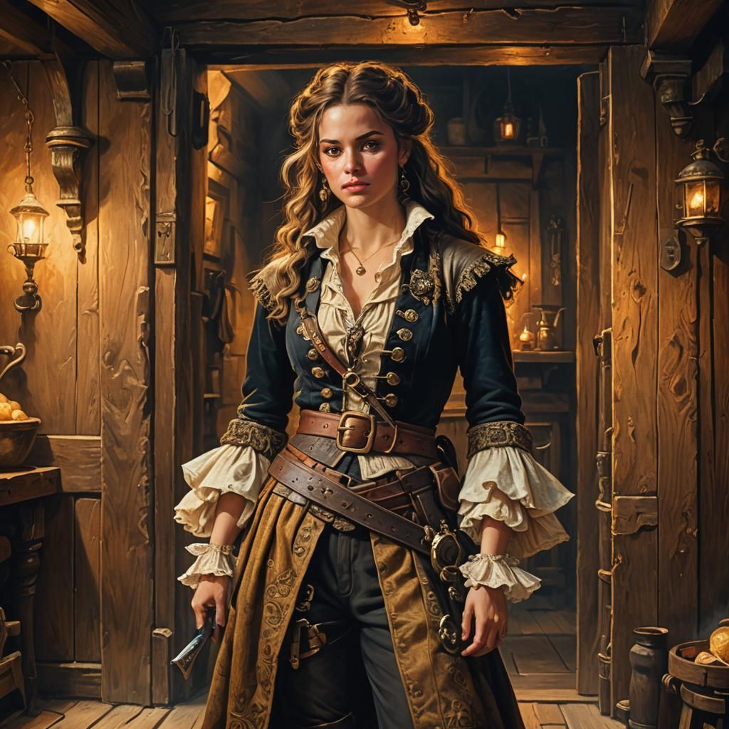 Baroque Oil Painting of Female Pirate in Tavern