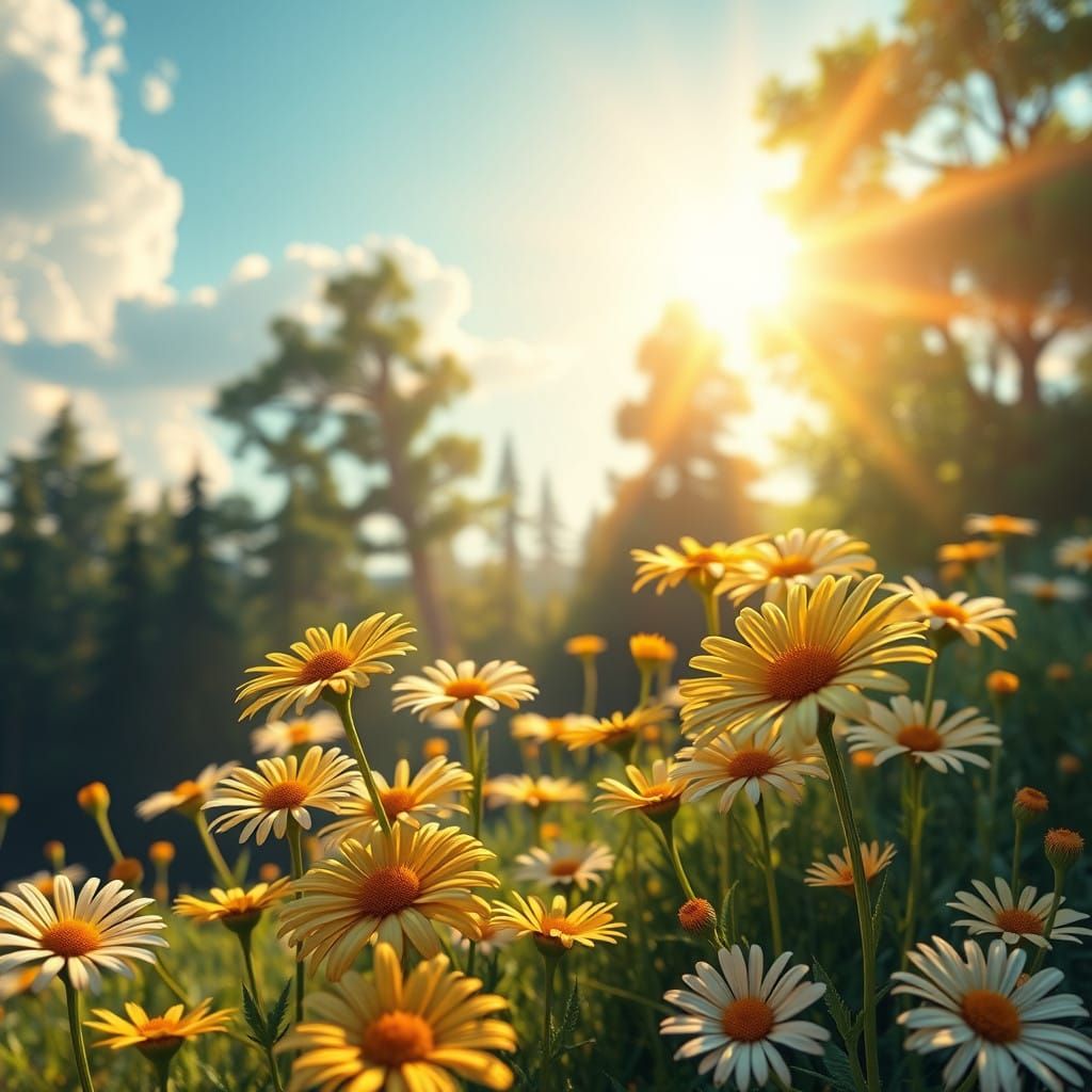 Whimsical Morning Fantasy with Daisies in a Soft Blue Sky