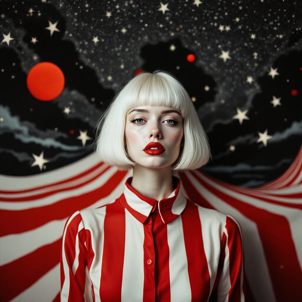 Woman in Striped Outfit Under Painted Stars