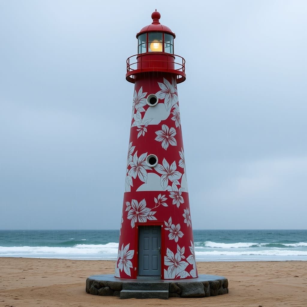 Hawaiian Print Lighthouse on Rainy Beach