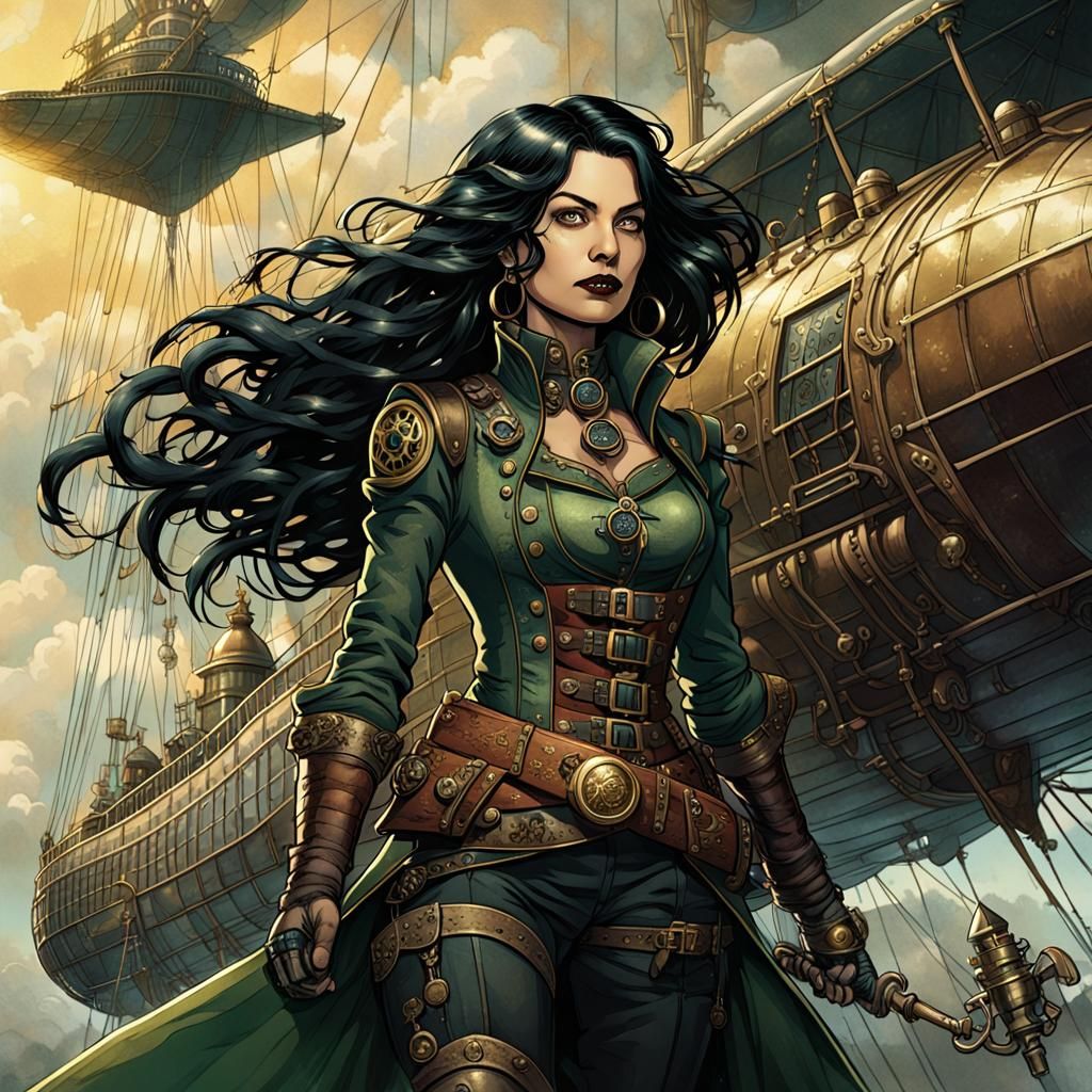 Steampunk Woman with Scimitar on Airship