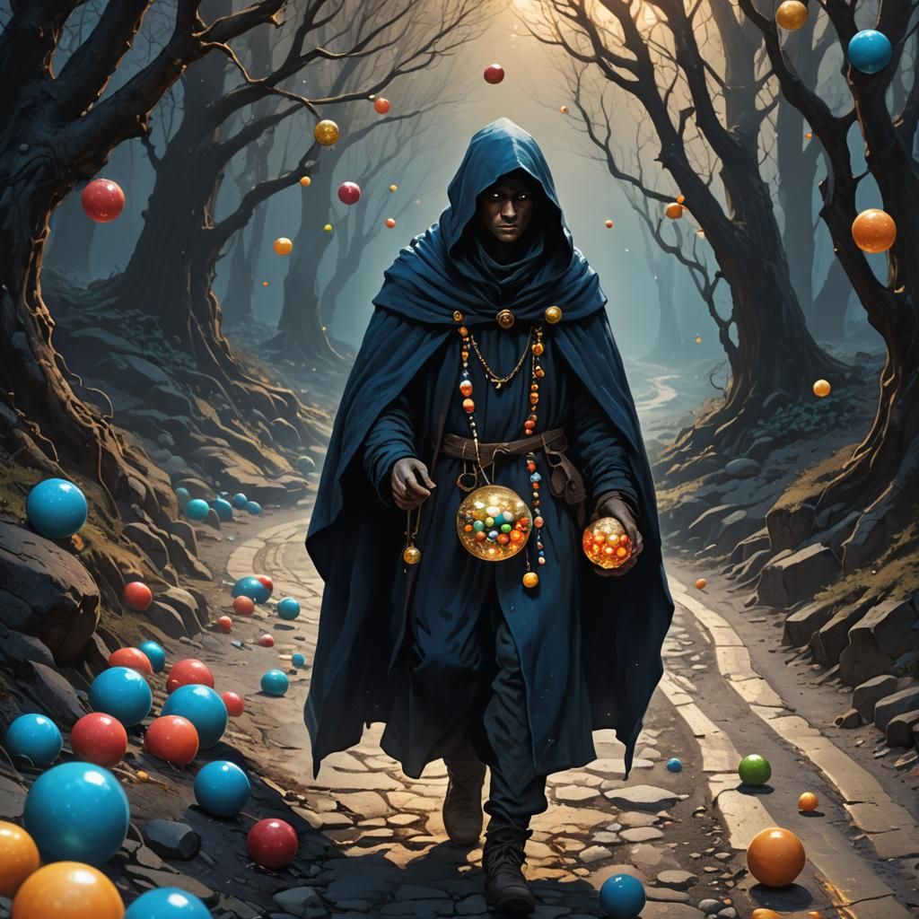 Mysterious Traveler on an Ancient Road in Dark Fantasy Art