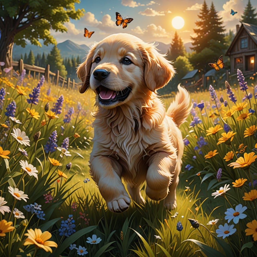 Golden Retriever Puppy in Wildflower Field: Fantasy Art
