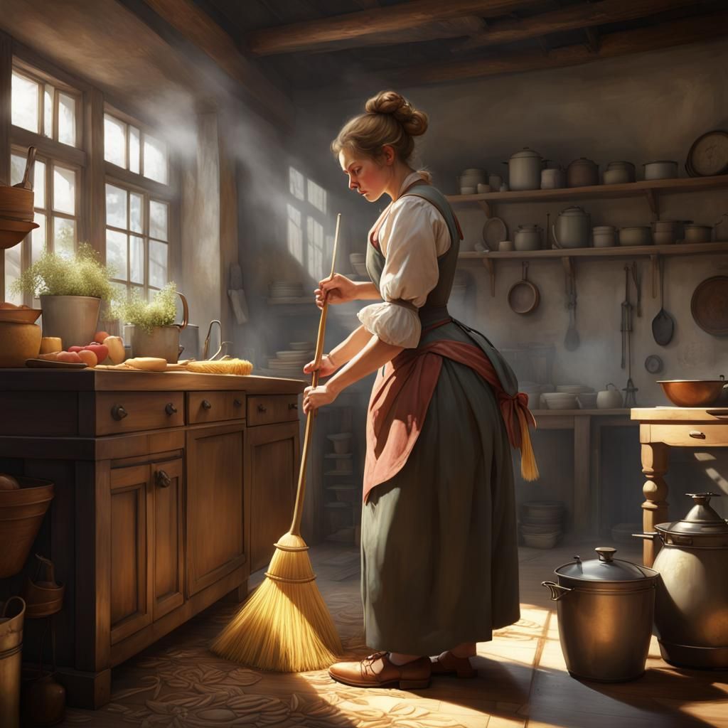 Servant Sweeping Kitchen: 1700s Portrait in Art Nouveau Styl...