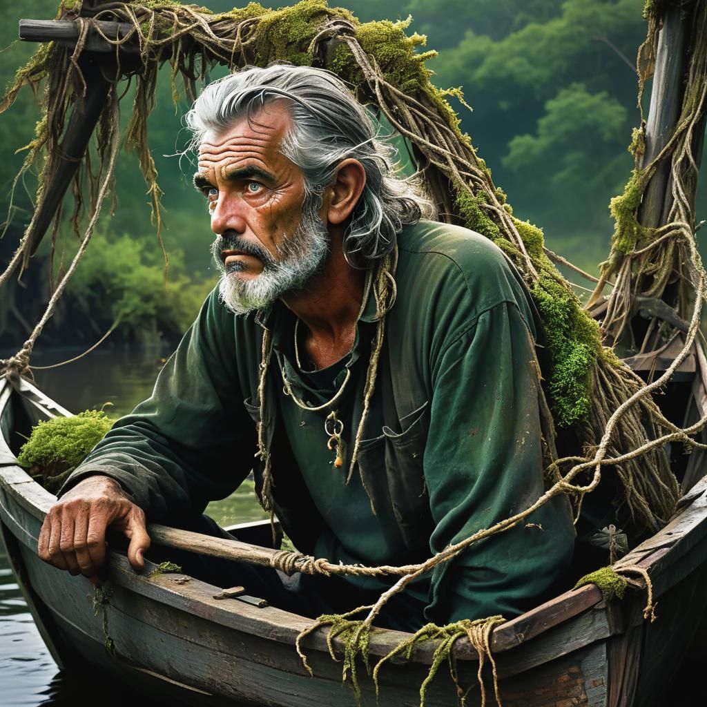 Fisherman in Swamp: Dark Fantasy Illustration