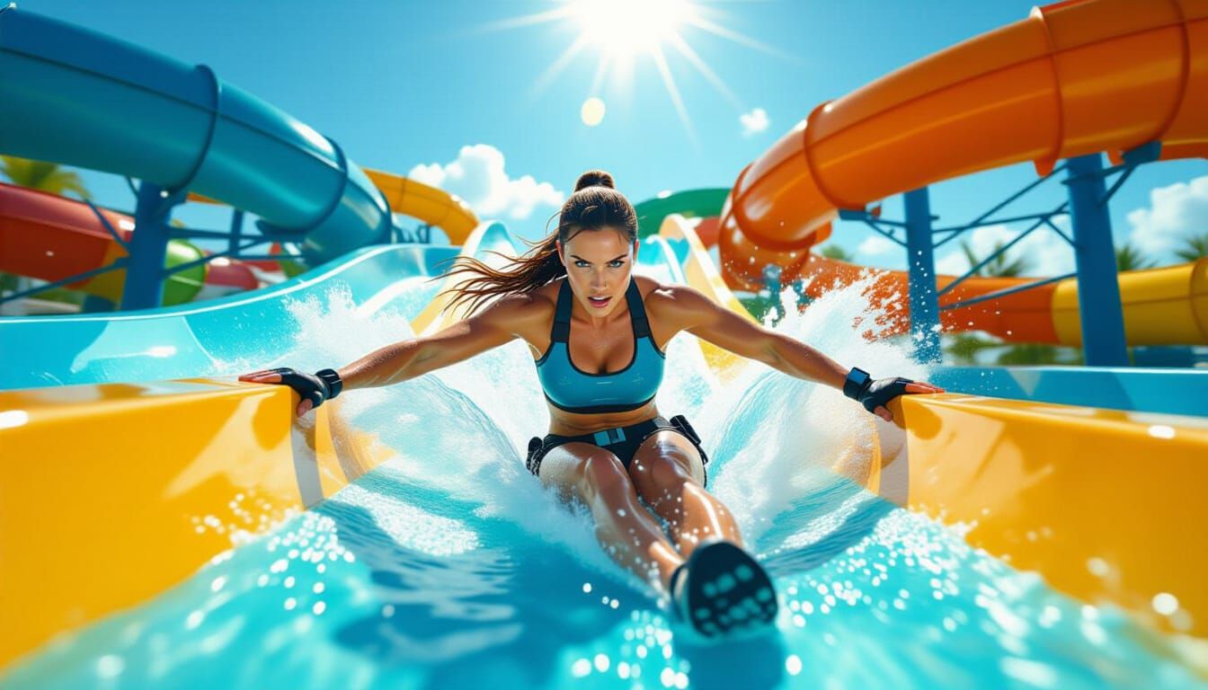 Lara Croft Thrills Down Water Slide