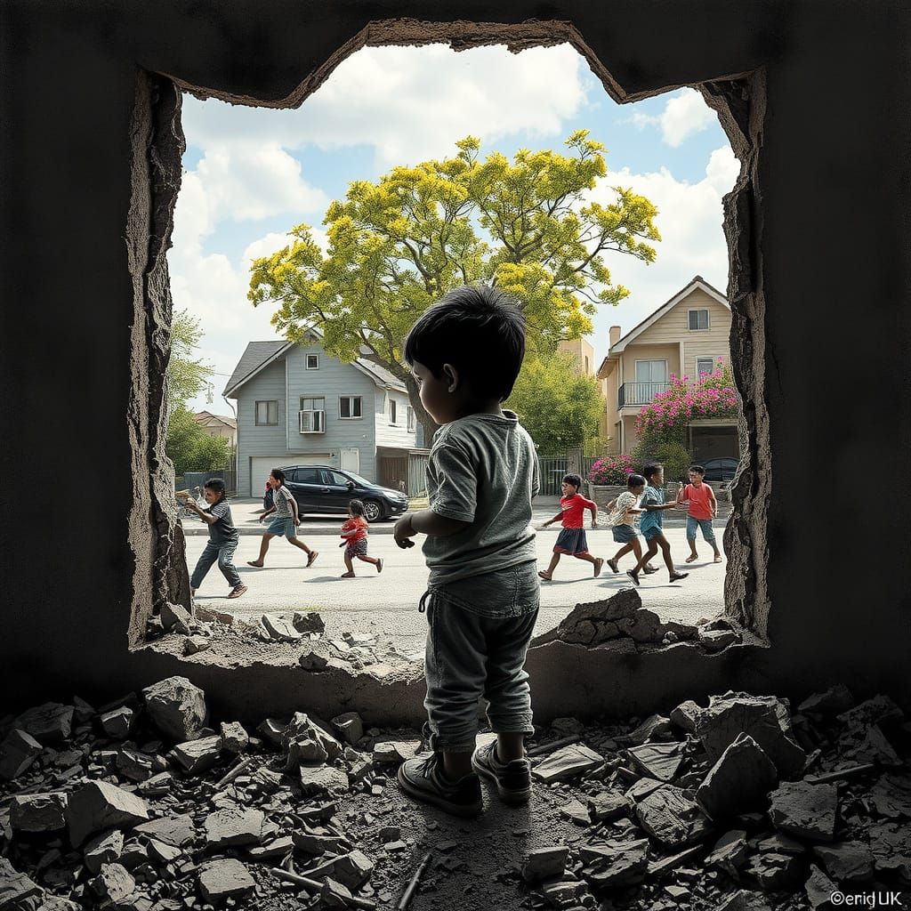 War-Torn City Child Watches Joyful Chaos Across the Street