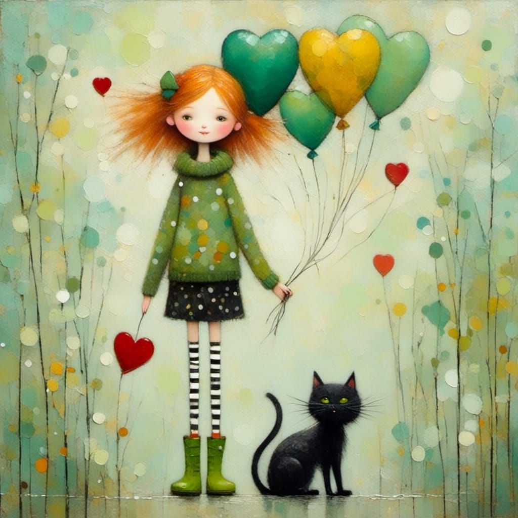 Whimsical Girl with Cat and Heart Balloon