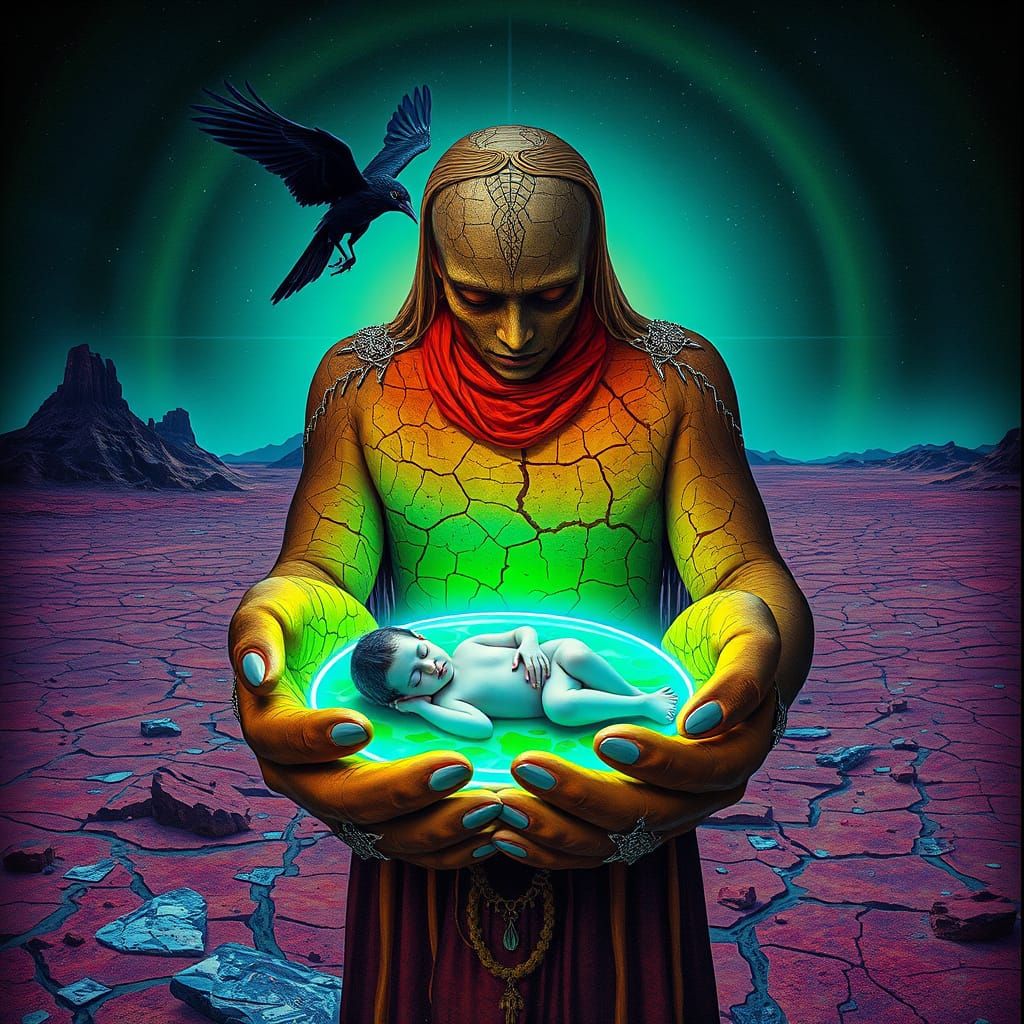 Crow Guides Soul to Underworld Oasis in Surreal Collage