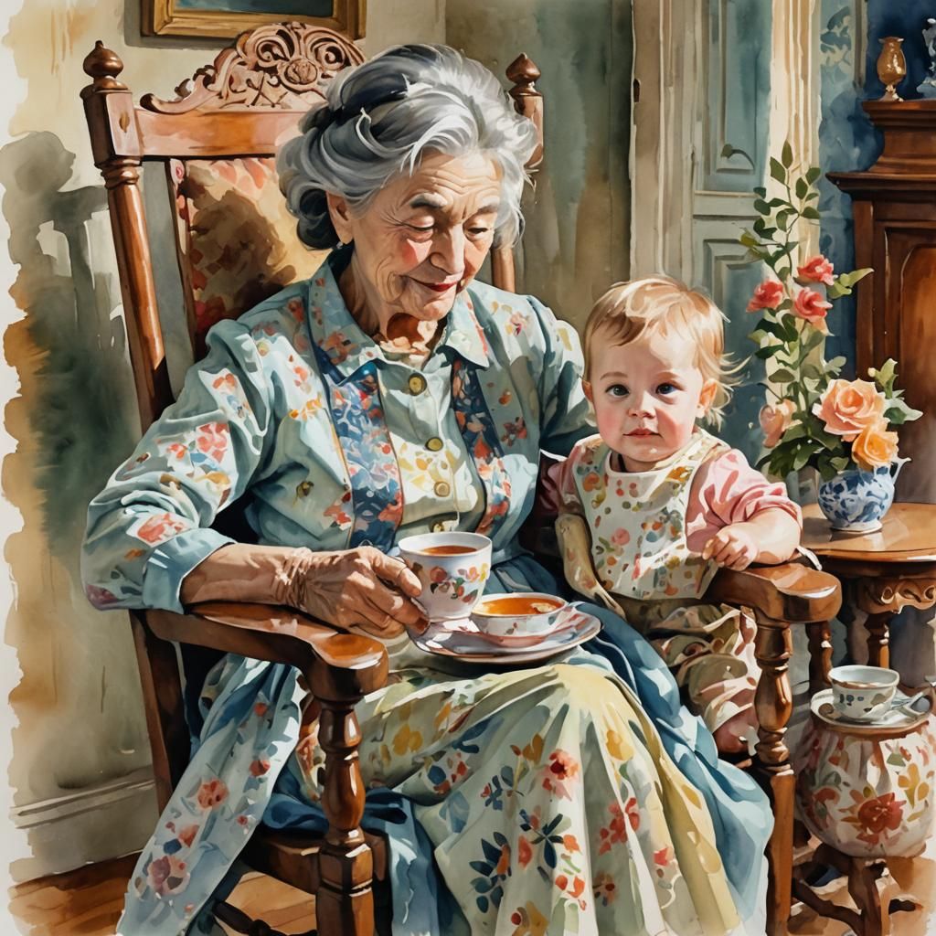 Toddler and Grandmother in Gouache Impressionist Style