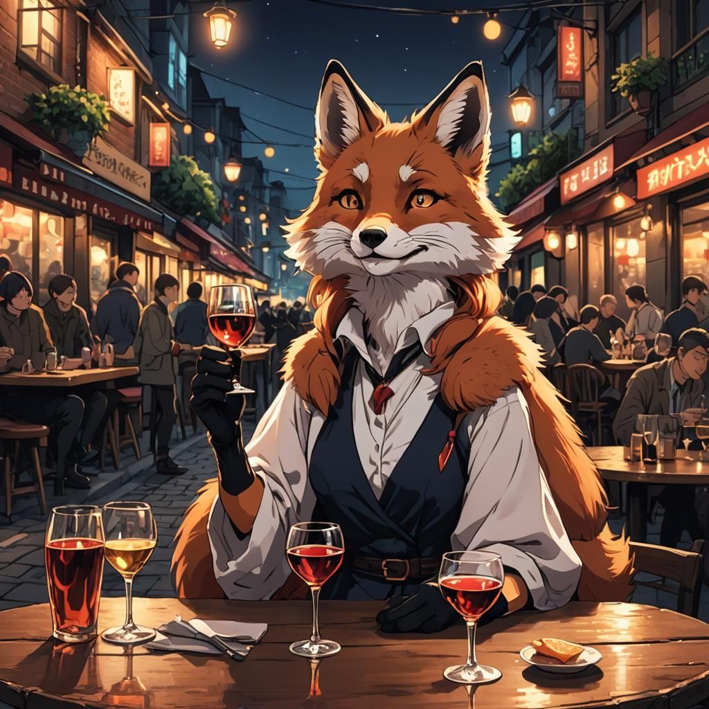 Fox Woman Enjoys Evening Wine: Manga Style