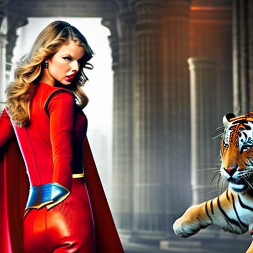 Hyperrealistic Supergirl with Tiger in Cinematic Style